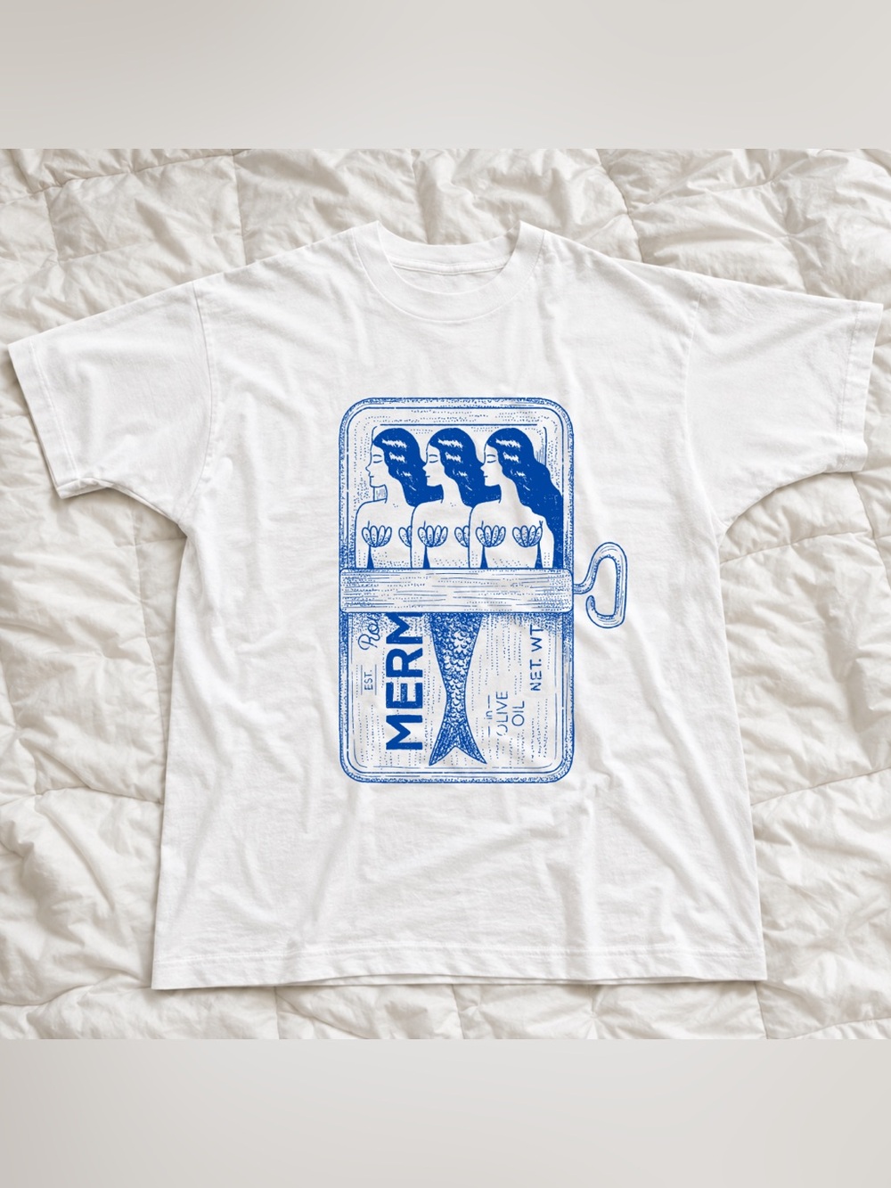 Gildan White T-Shirt with Blue Merm Graphic For Women’s